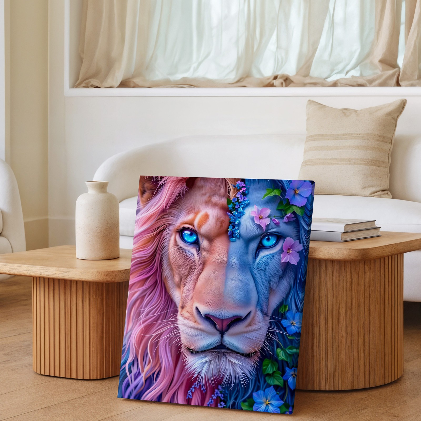 Lion Canvas Wall Art Blue Eyes Half Floral Fantasy Animal Face Canvas Print