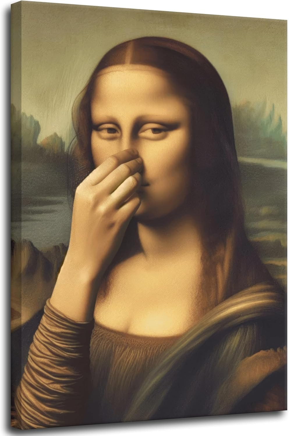 Framed Funny Mona Lisa Bathroom Canvas Wall Art, Humor Mona Lisa Pinching Nose