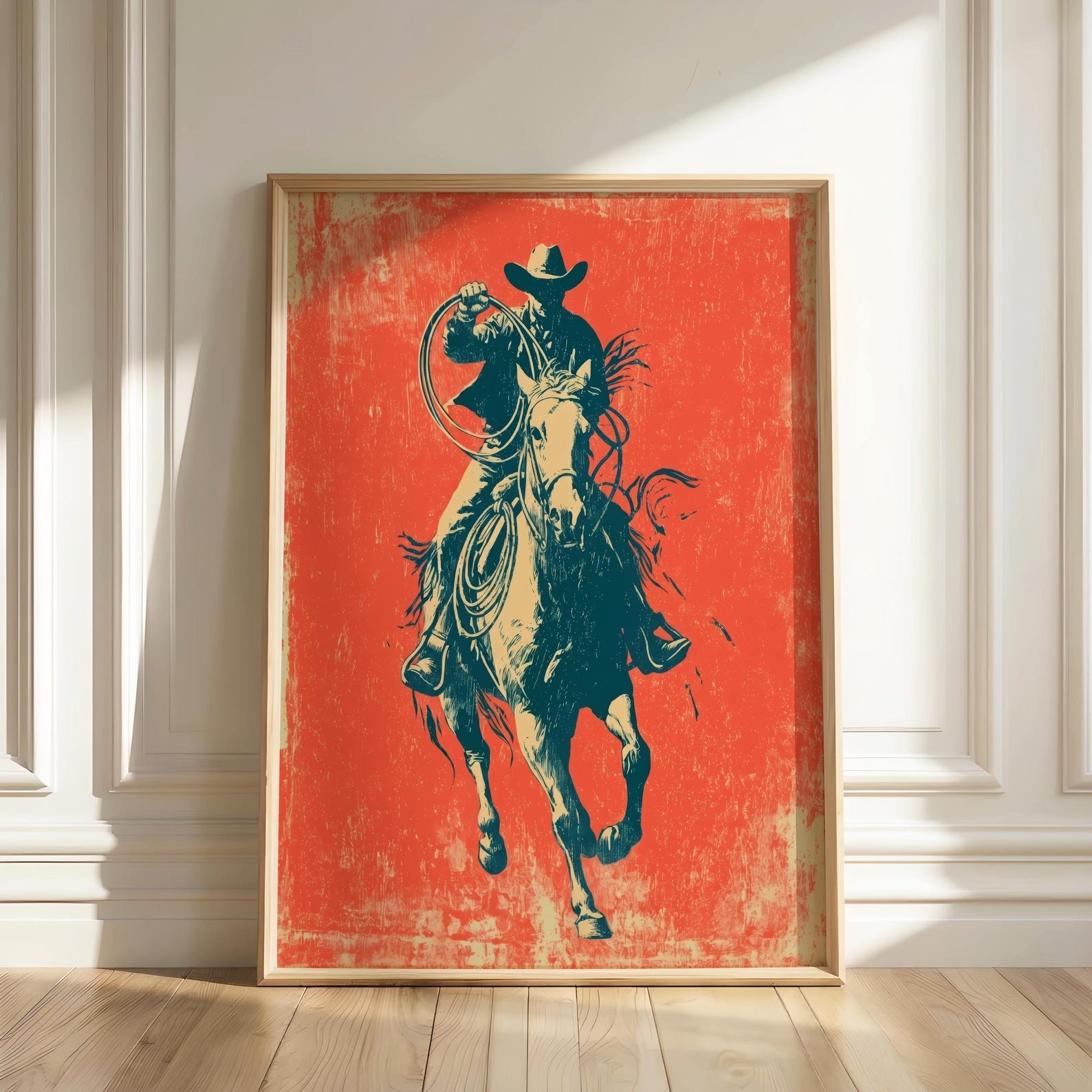 Vintage Cowboy Art Print – Western Wall Decor – Terracotta Retro Rodeo Poster