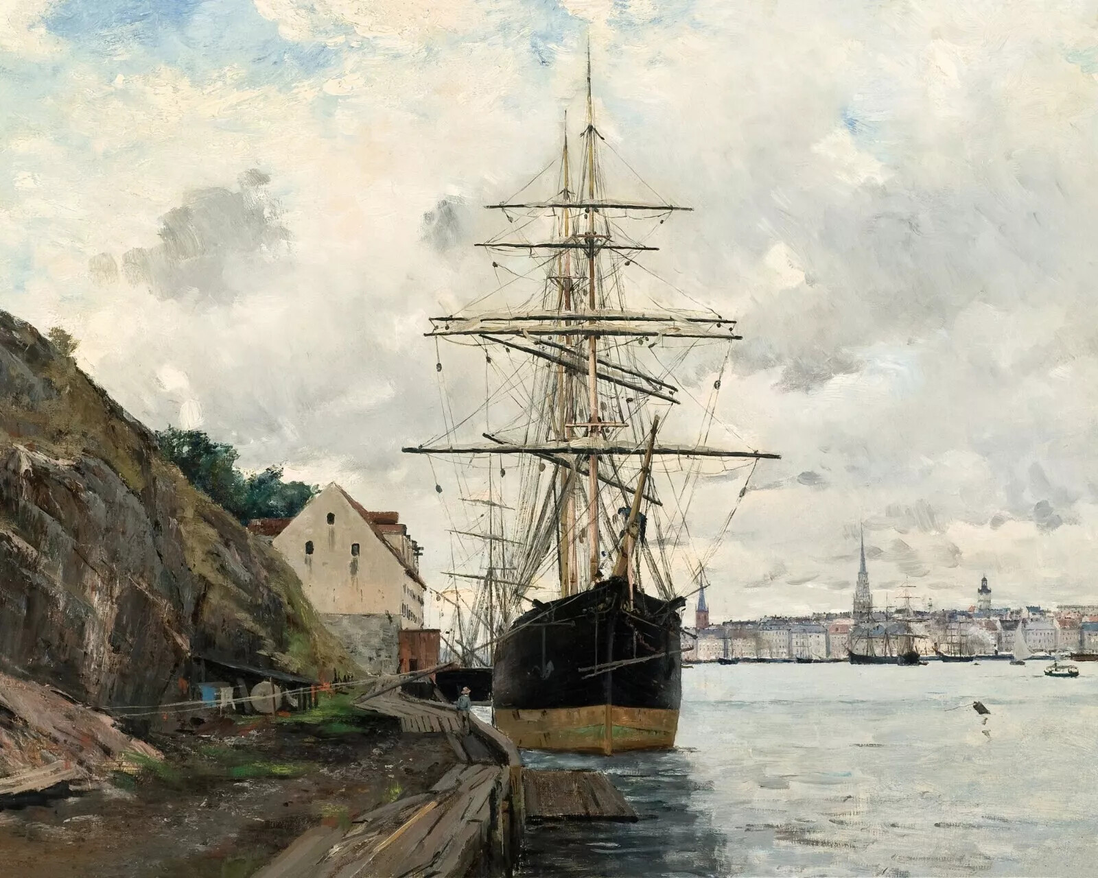 1800s Vintage Ship Harbor Painting Giclee Canvas Art Print Reproduction