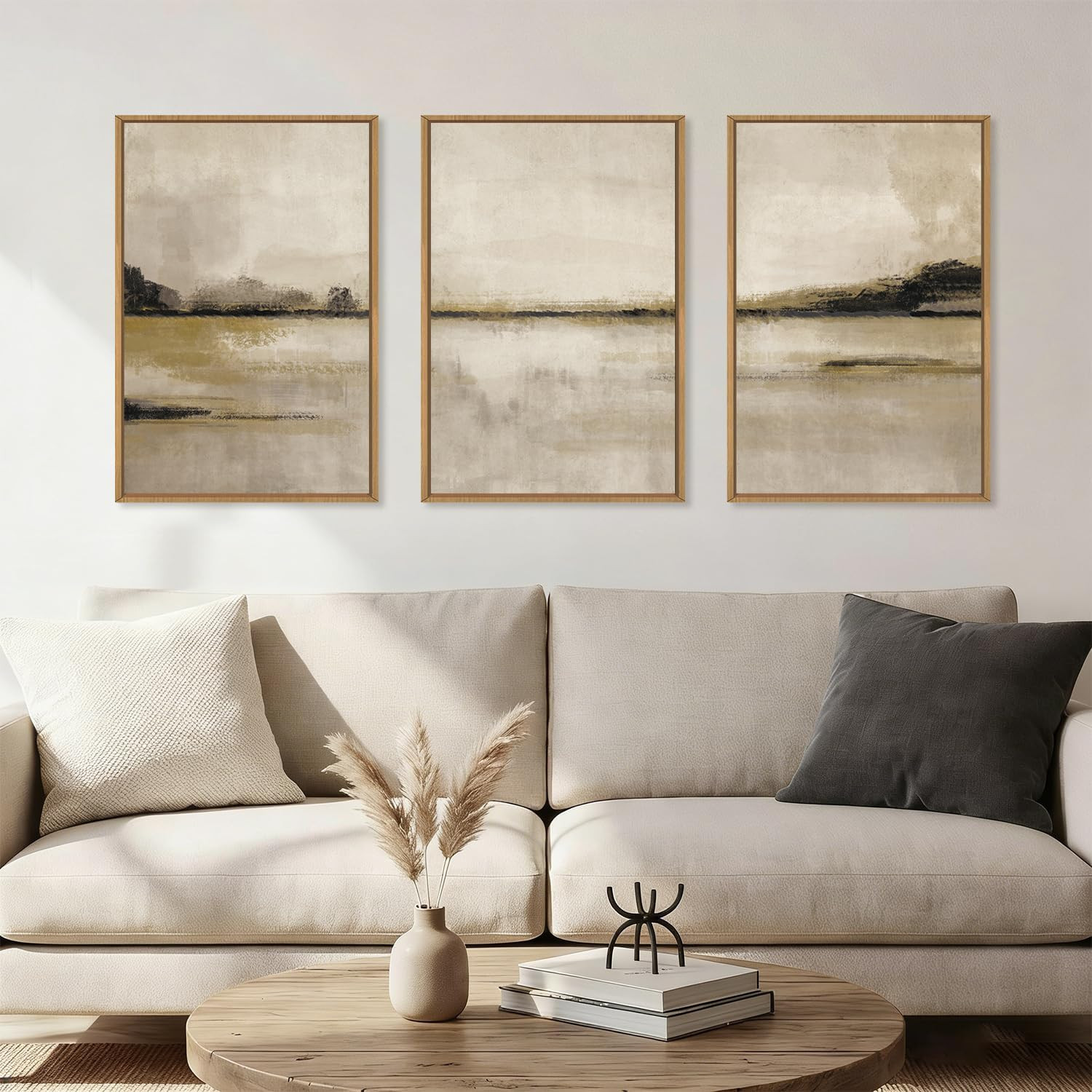 Neutral Abstrcat Landscape Framed Canvas Wall Art Set, Retro Mountain Lake Wall