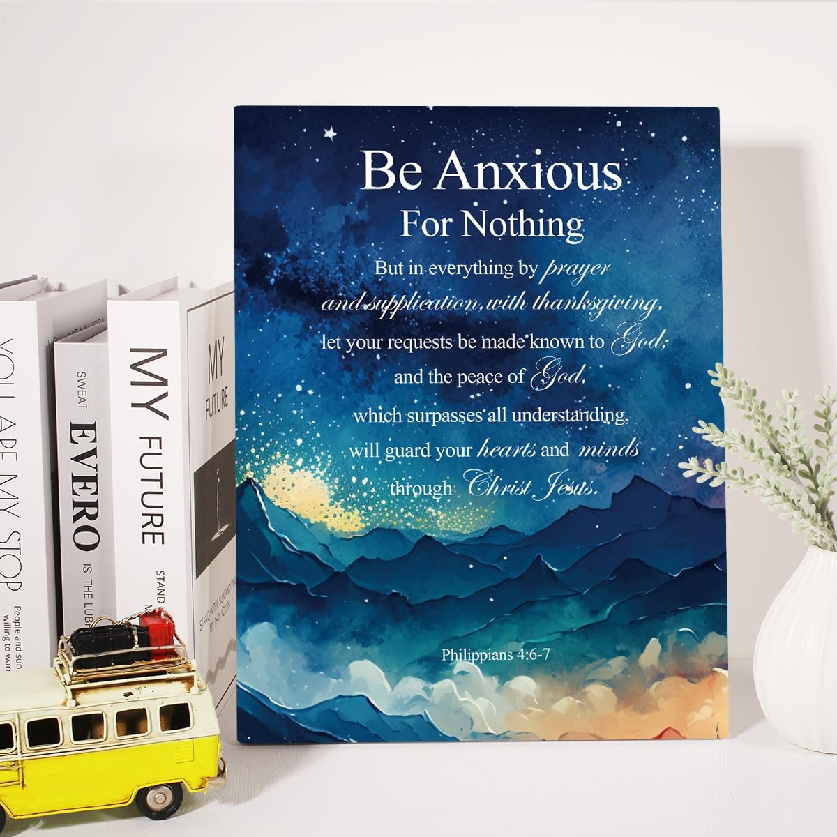 Christian Canvas Wall Art Philippians 4:6-7 Be Anxious for 12″L x 15″W, Black