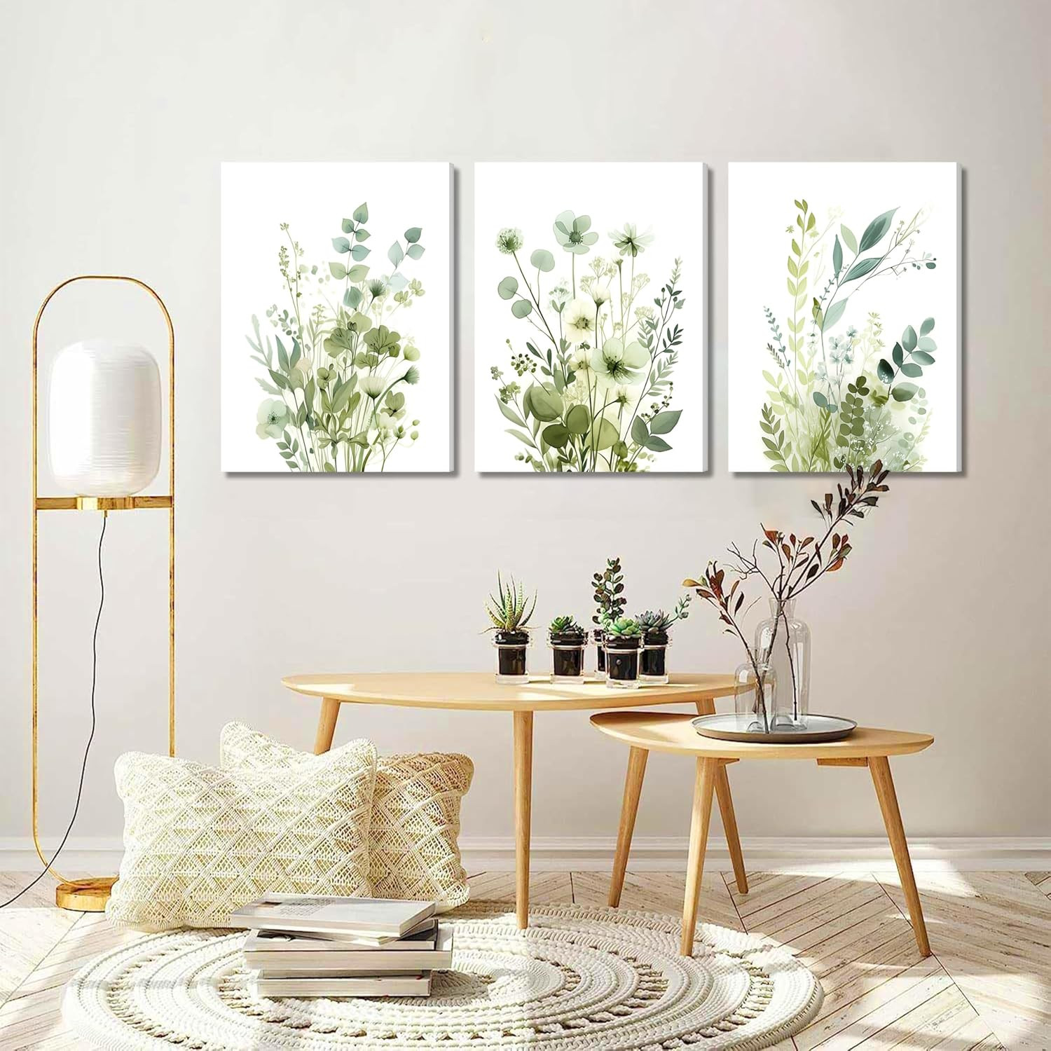 Boho Floral Canvas Wall Art Set of 3, Sage Green Wildflower Botanical Wall