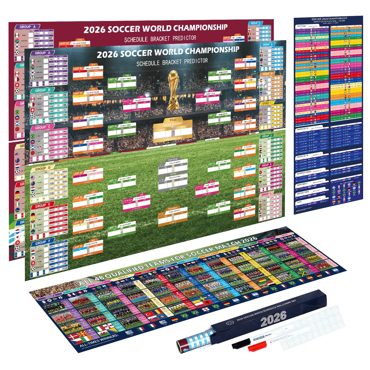 World Soccer Bracket Poster 3PCS Set, 40 x 26 Inches Double-Sided Dry Erase W…