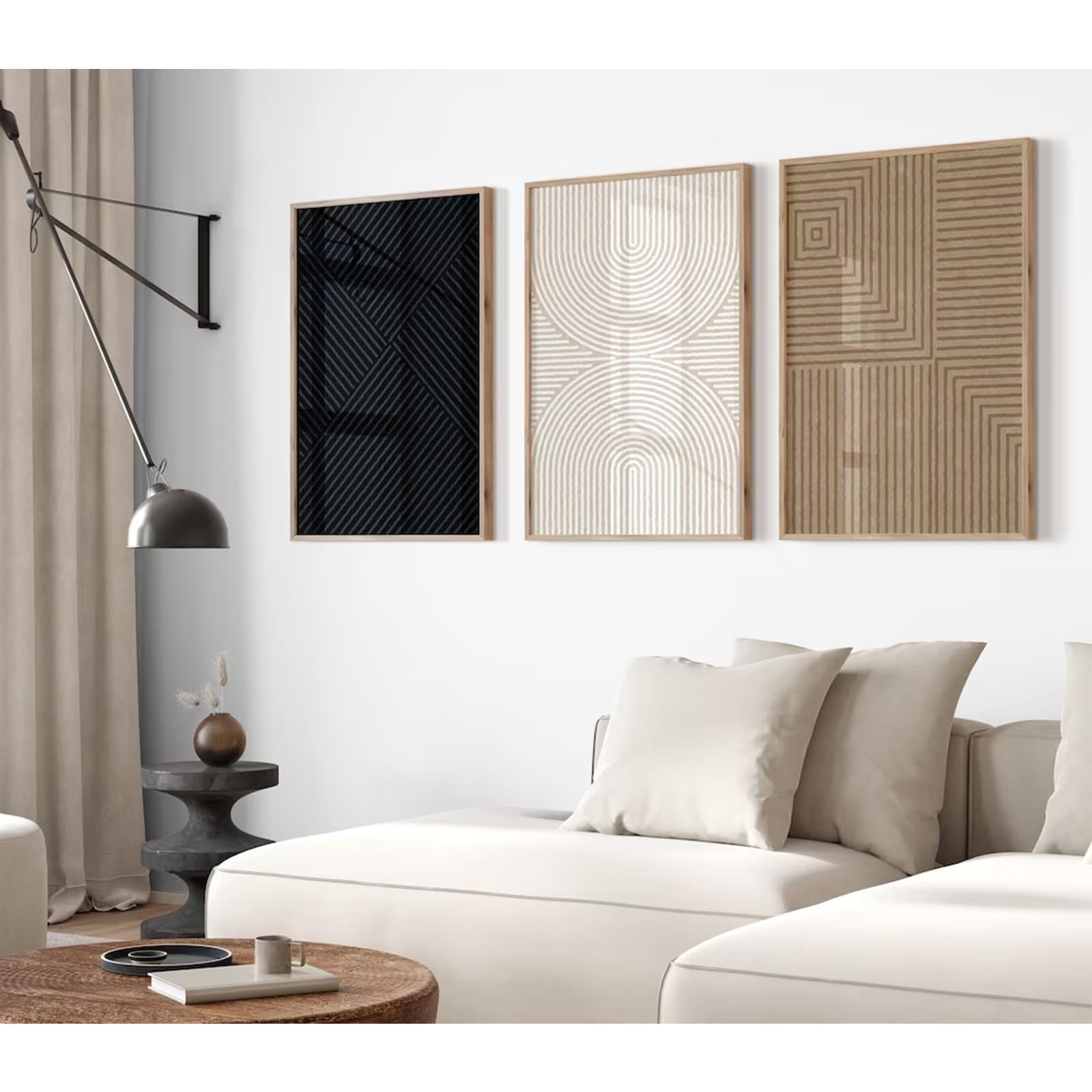 Abstract Modern Wall Decor Art Set of 3 Boho Neutral Canvas Wall Art Beige Mi…