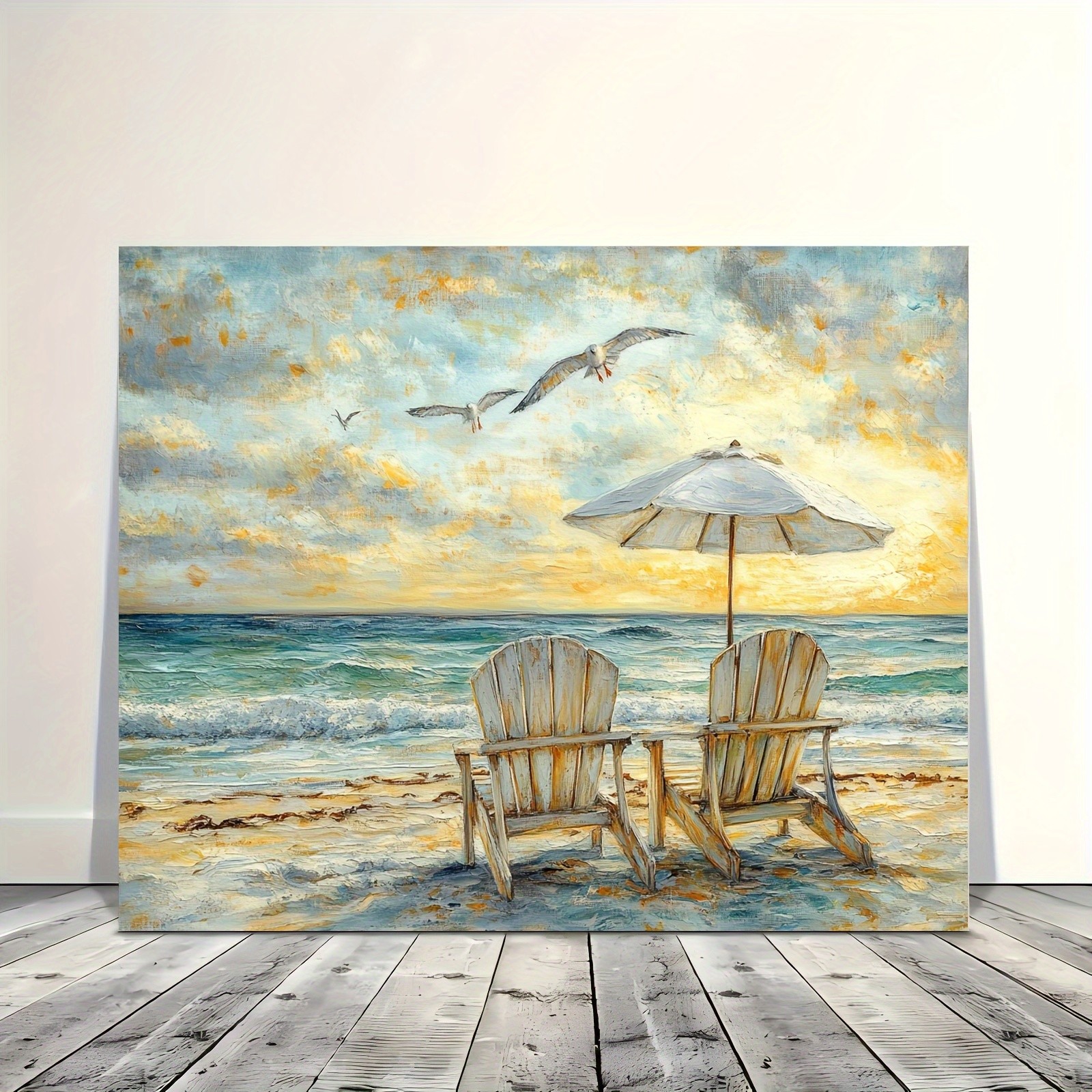 Framed Canvas Beach Chair Seagull Sunset Coastal Impressionist Wall Decor