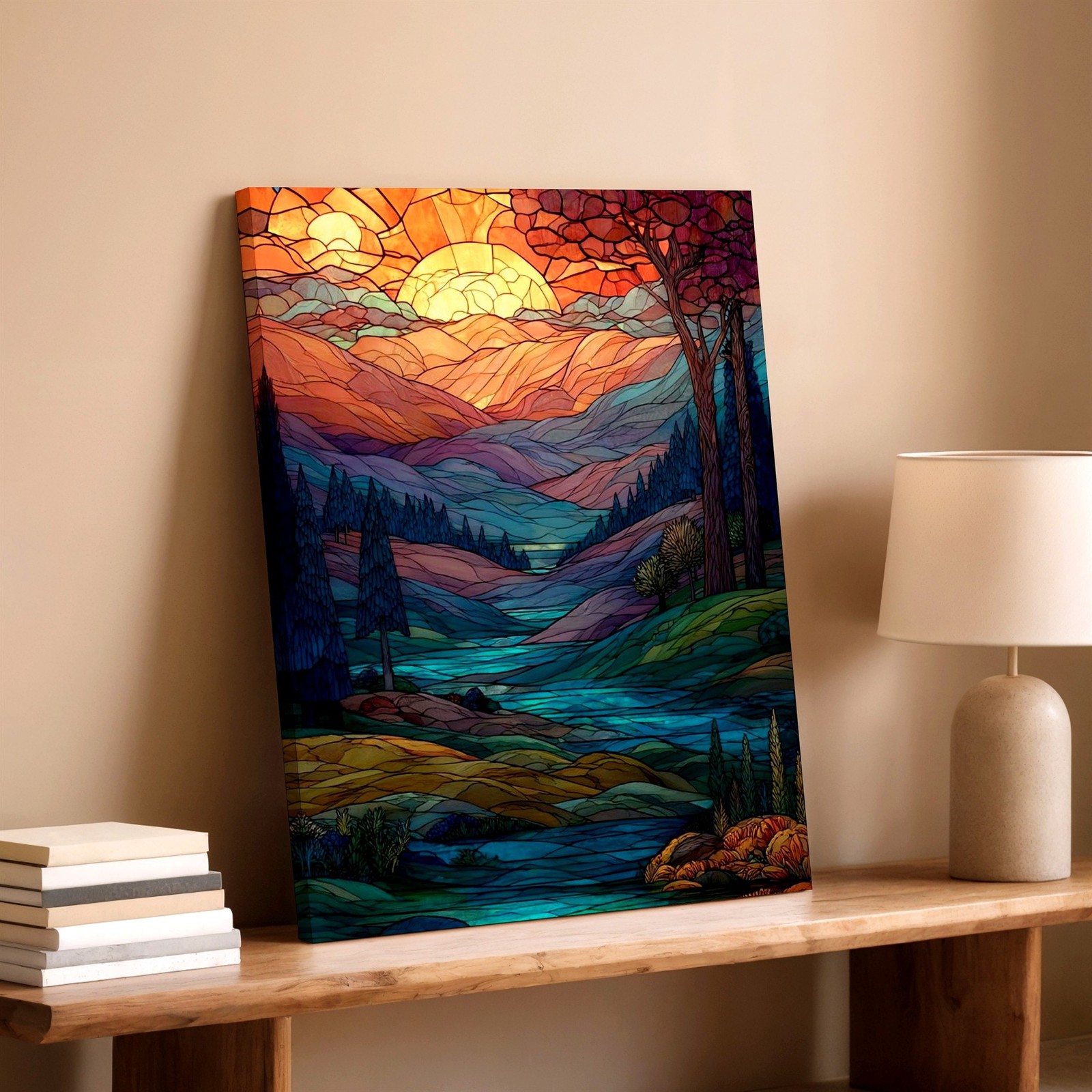 Wall Art Stained Glass Style Sunset Mountain River Landscape Floral Home Decor