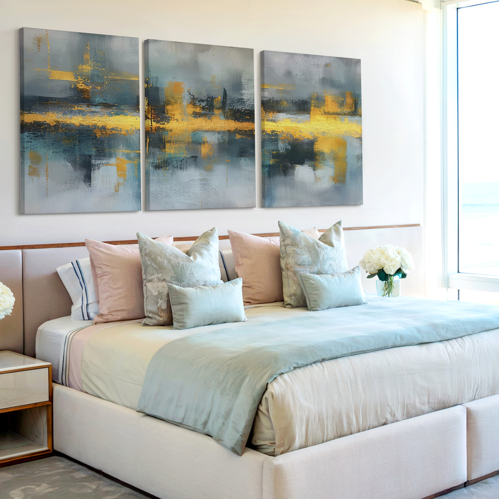 3 Pieces Abstract Blue Gold Modern Large Wall Art Set for Bedroom Set Of 3