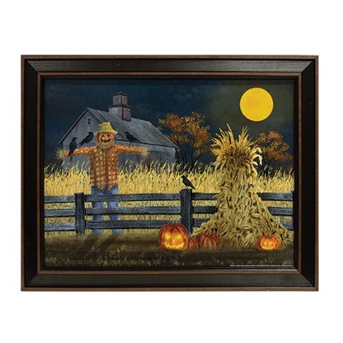 NEW PRIMITIVE PRINT OCTOBER MOON SCARECROW HALLOWEEN Framed 14.5″Tx18.5″W SPOOKY
