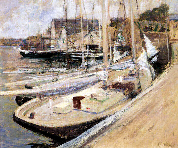 FISHING BOATS AT GLOUCESTER DOCK AMERICAN PAINTING BY JOHN TWACHTMAN REPRO