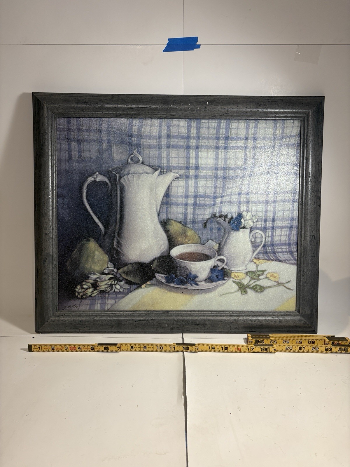 Blue Plaid Still Life with Tea Set Framed Print artwork – Size Pictured