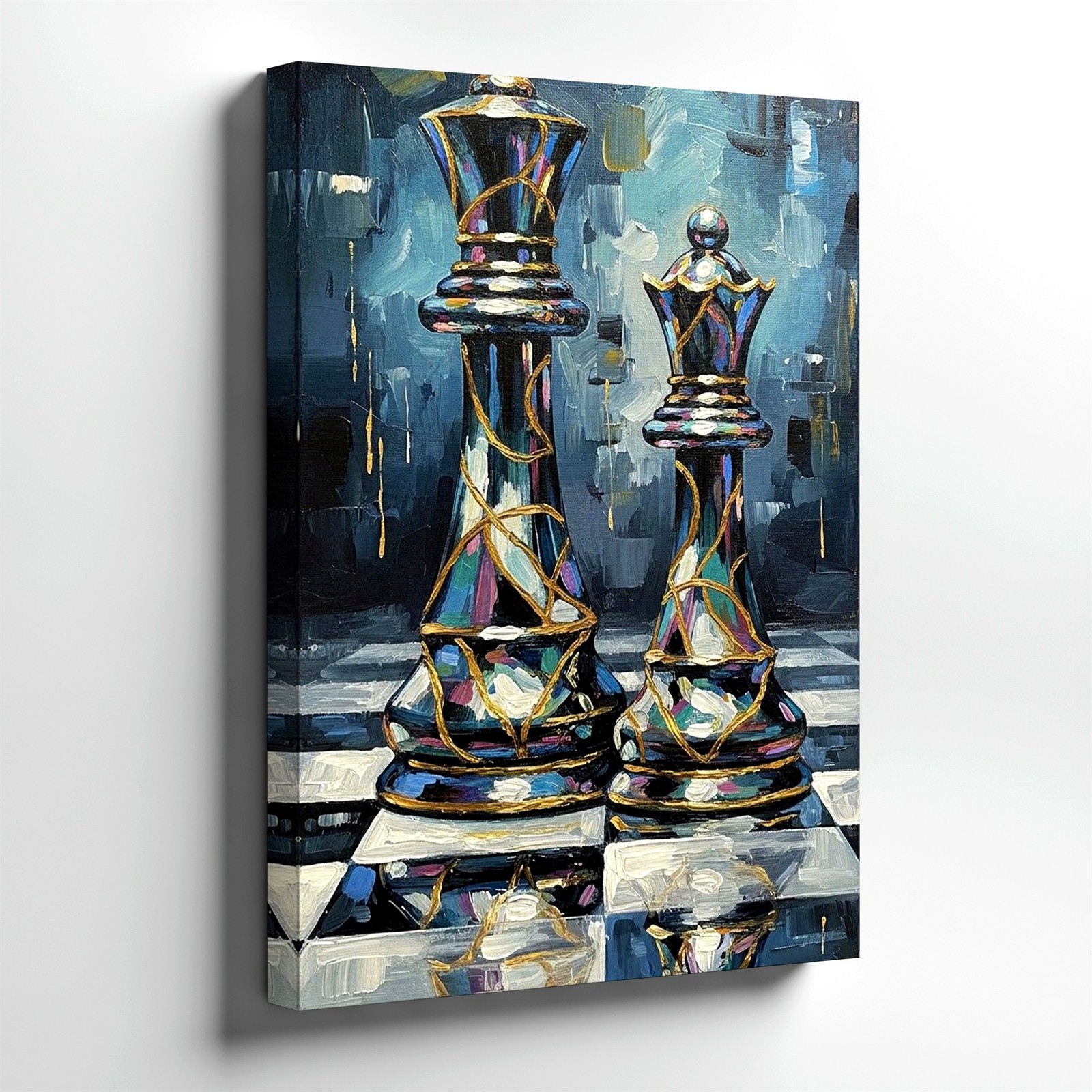 Wall Art Abstract Chess King Queen Canvas Print Blue Gold Modern Home Decor