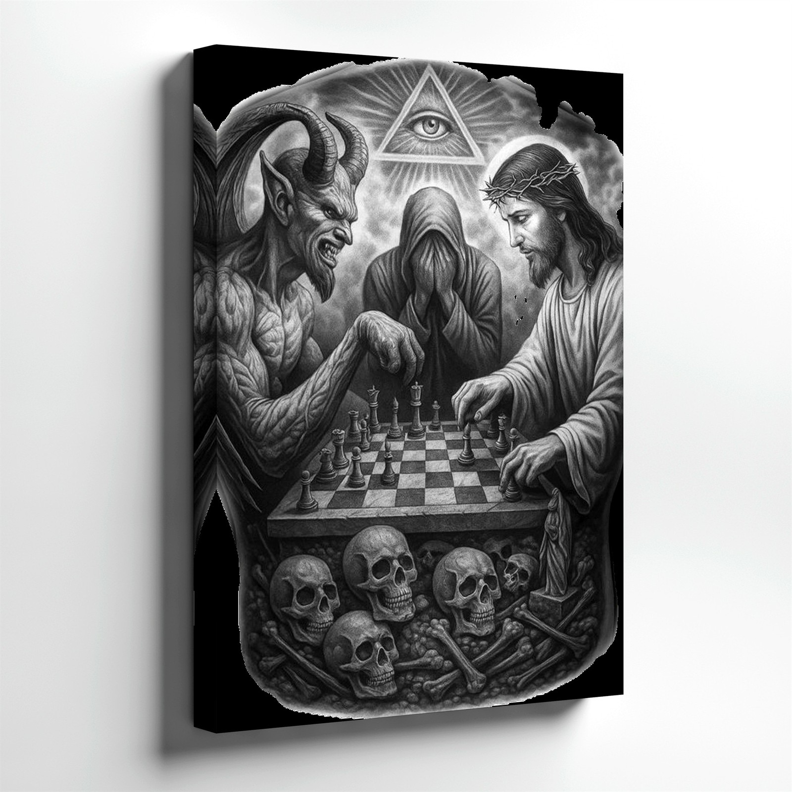 Wall Art Gothic Devil and Jesus Playing Chess Poster Grim Reaper Skull Print