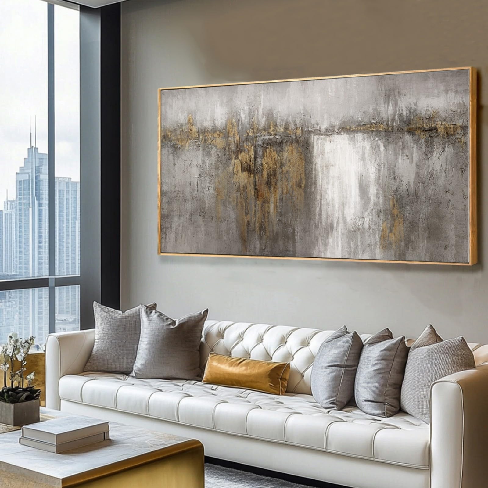 White and Gold Artwork for Walls Abstract Framed Poster Print 24″x48″ Canvas …