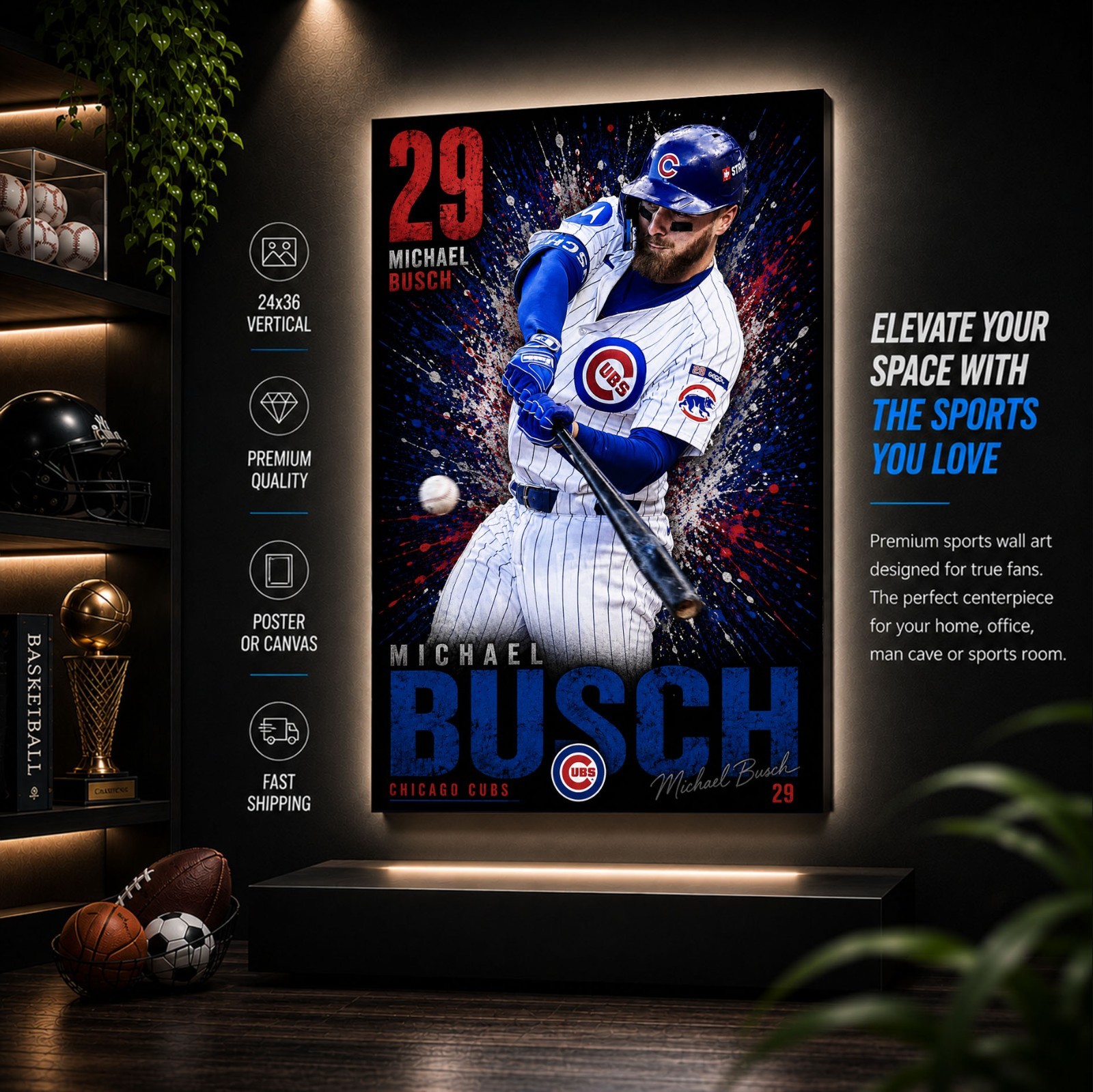 Michael Busch Cubs Poster or Canvas – Michael Busch Chicago Cubs Wall Art Decor