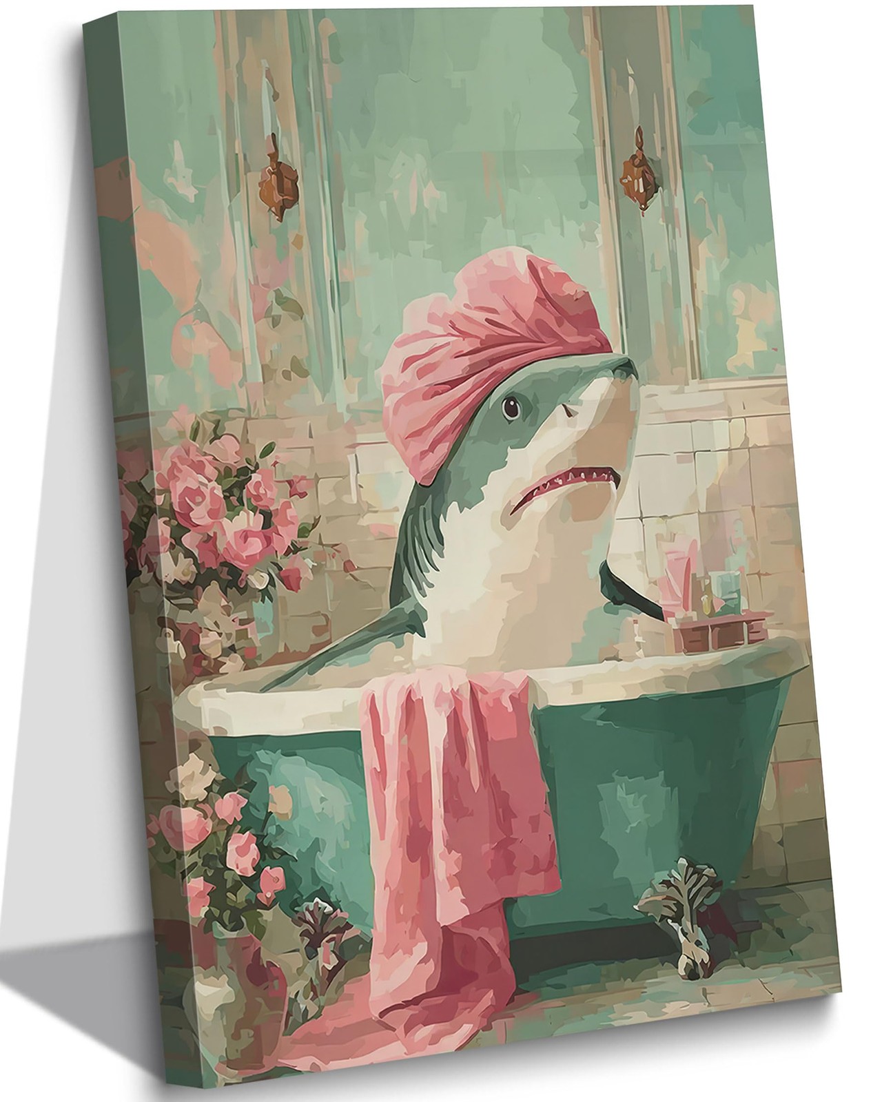 Funny Bathroom Canvas Wall Art Eclectic Shark in Bathtub Poster Print