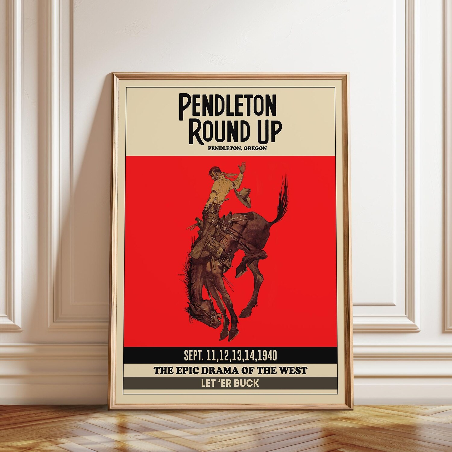 Pendleton Round-Up Rodeo Poster Cowboy on Bronco Vintage Western Wall Art