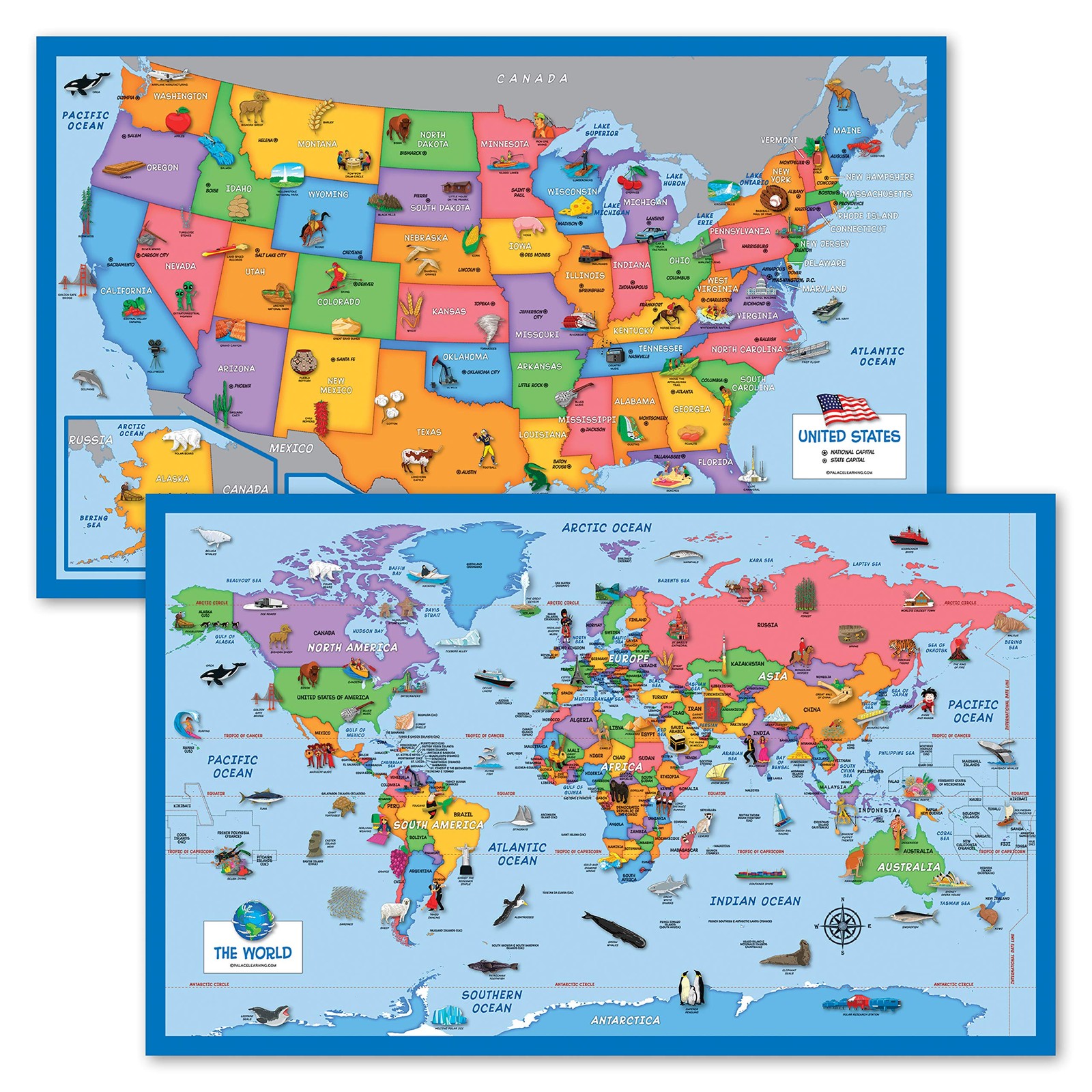 2 Pack – World & USA Map for Kids [Illustrated] – 2 18″ x 29″, LAMINATED