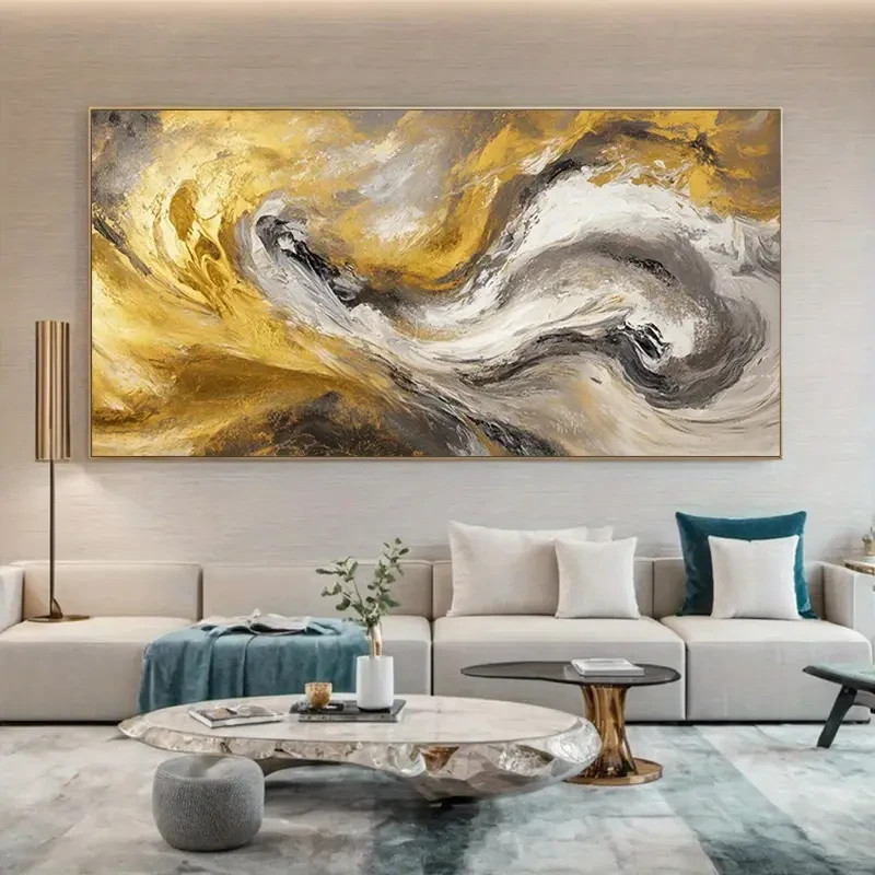 Abstract Black And Golden Textured Waves Unframed Canvas Painting for Living