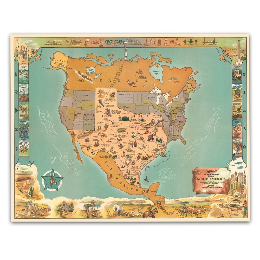 Texas Brags Pictorial Map Vintage Illustrated North America Travel Map