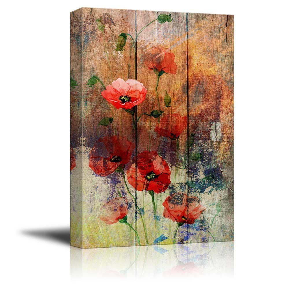 Wall26 – Watercolor Poppy Flowers Over Wood Panels – Nature – Canvas Art – 16×24