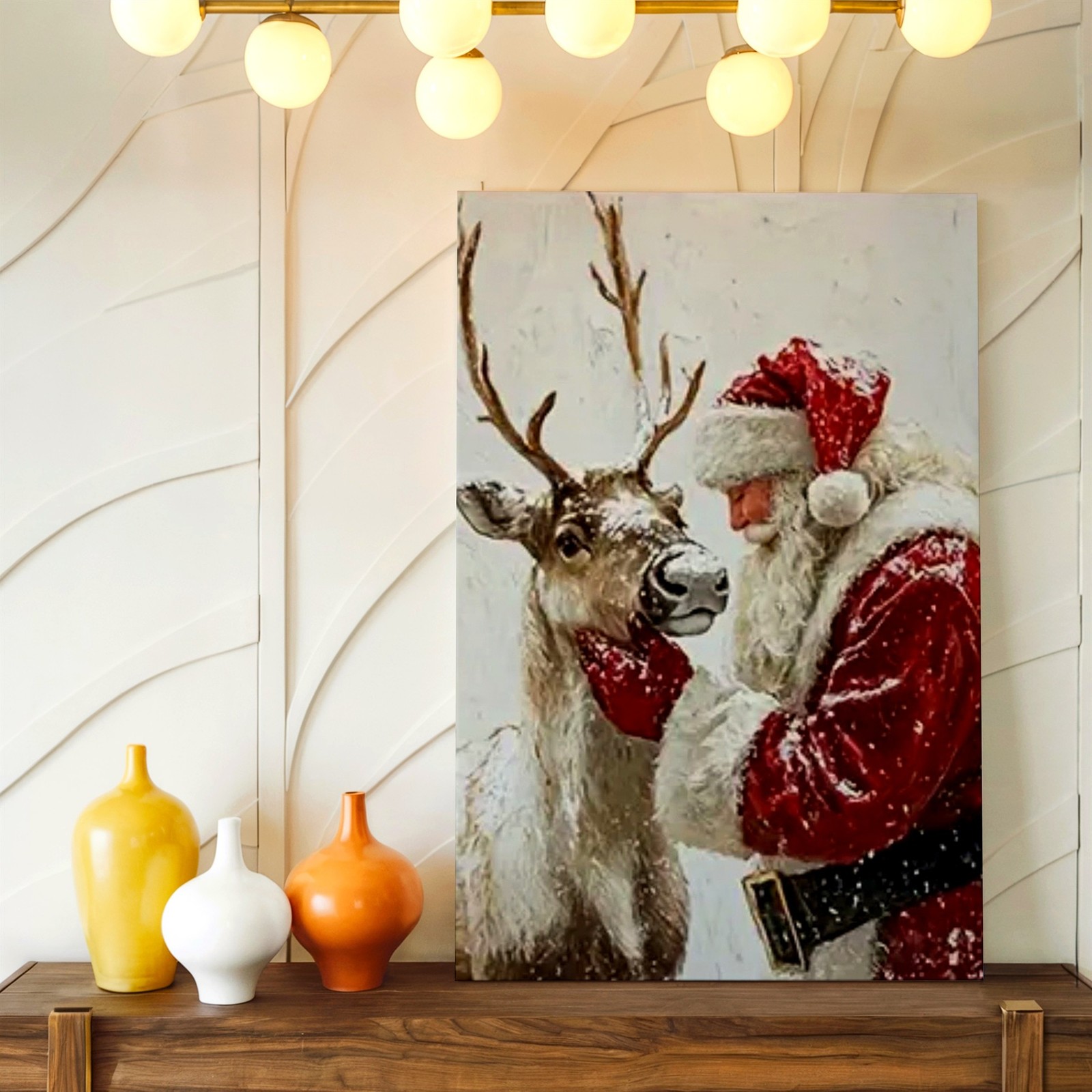 Wall Art Santa Claus With Reindeer Christmas Winter Snow Rustic Holiday Decor