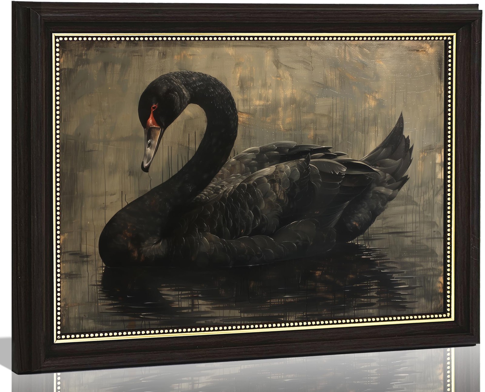 Black Swan Framed Wall Art, Moody Vintage Animal Canvas Print with Gold Accen…