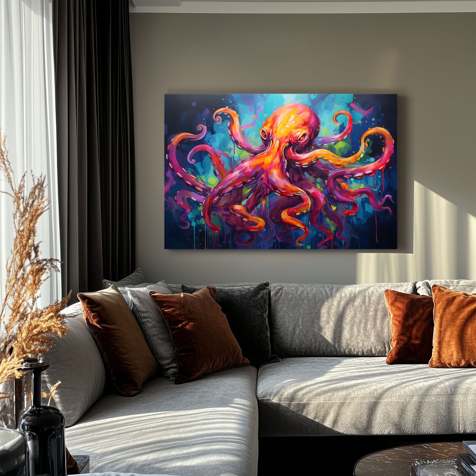 Colorful Octopus Oil Painting Print Framed Canvas Ocean Life Wall Art Decor Sea