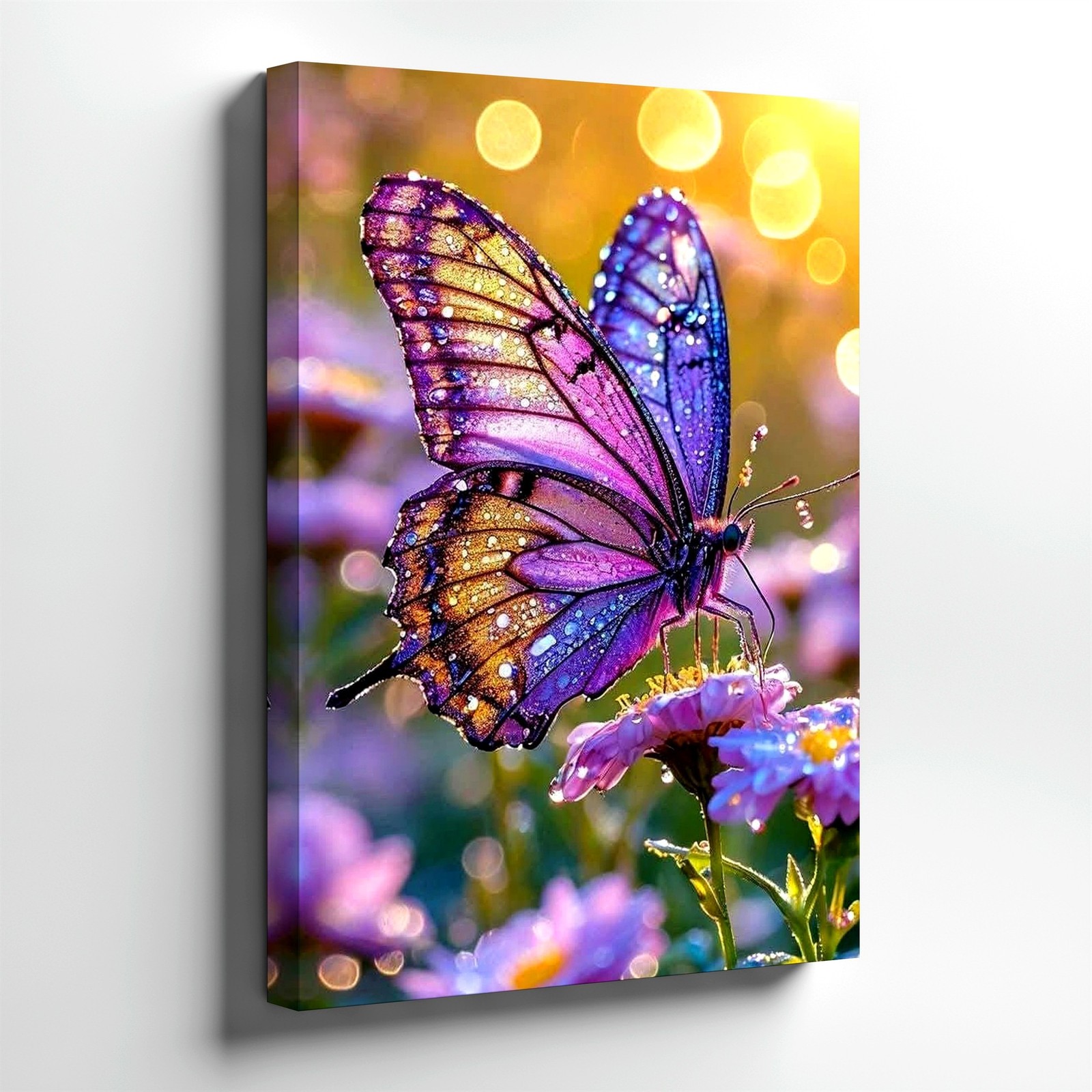 Wall Art Purple Butterfly on Pink Flowers Canvas Print Floral Nature Home Decor