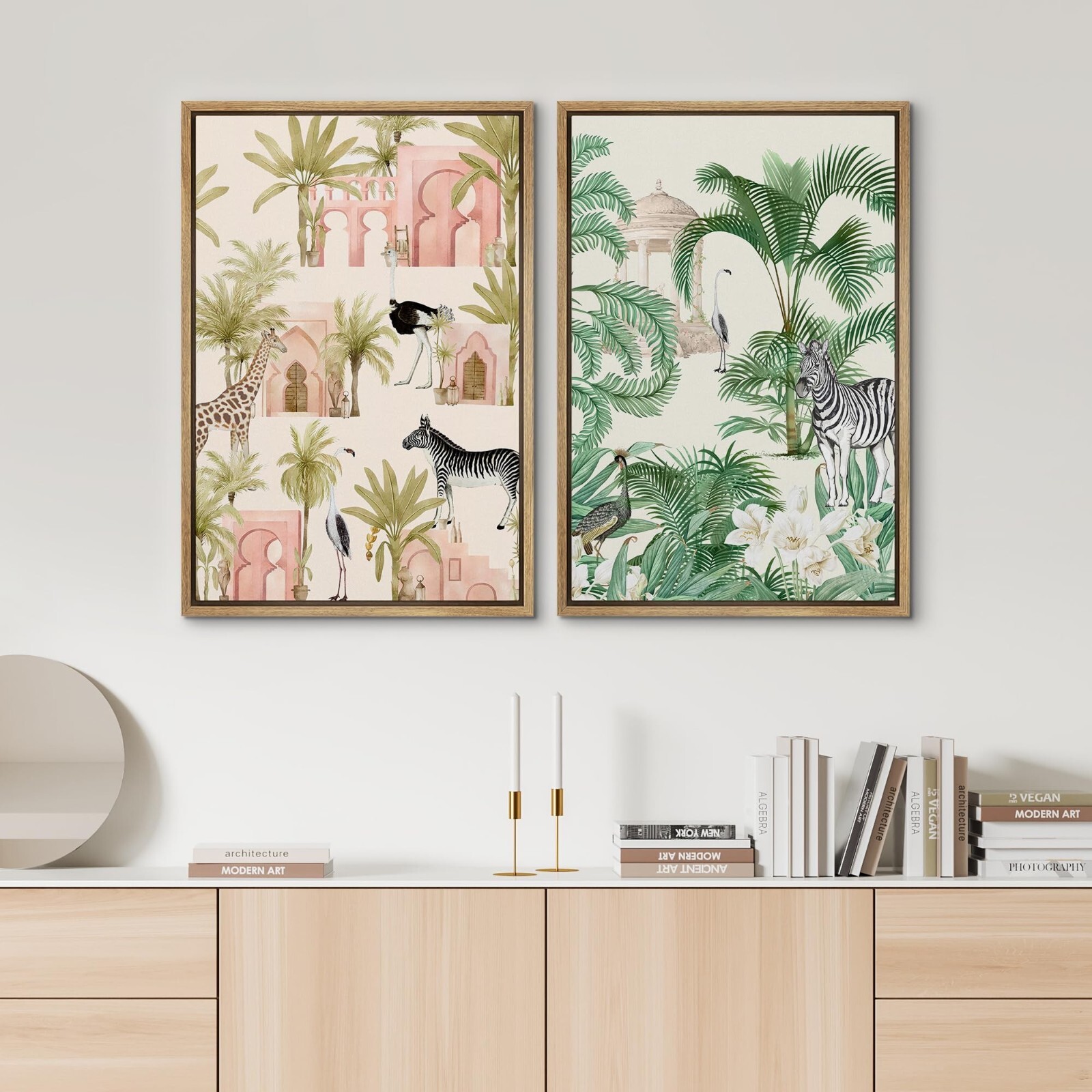 Wall26 Tropical Animals and Architecture Modern Framed Canvas Print Set of 2