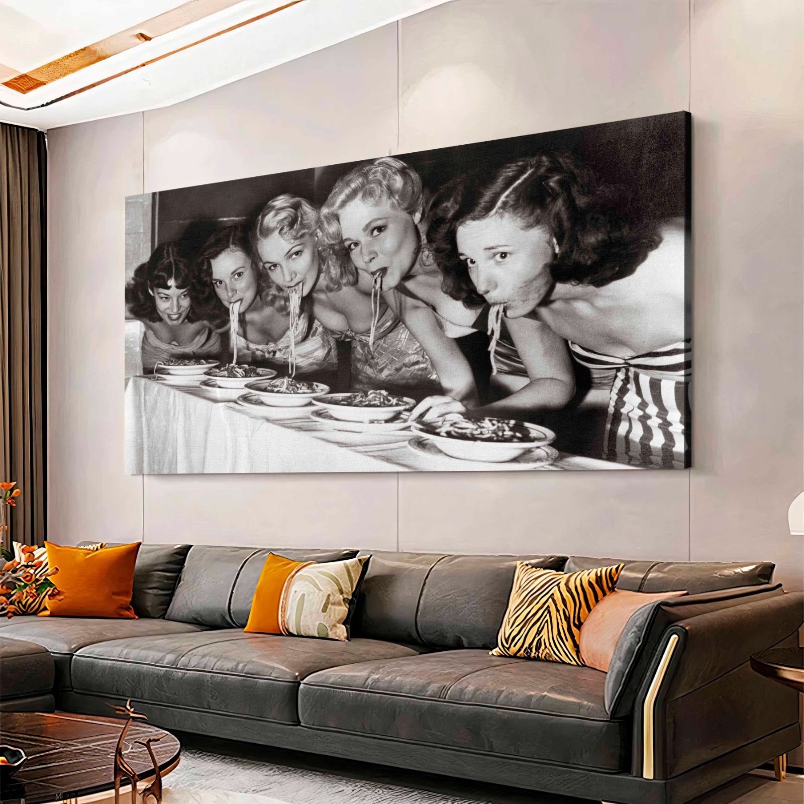 Women Eating Pasta Canvas Wall Art, Spaghetti Poster, Black and White Wall Art