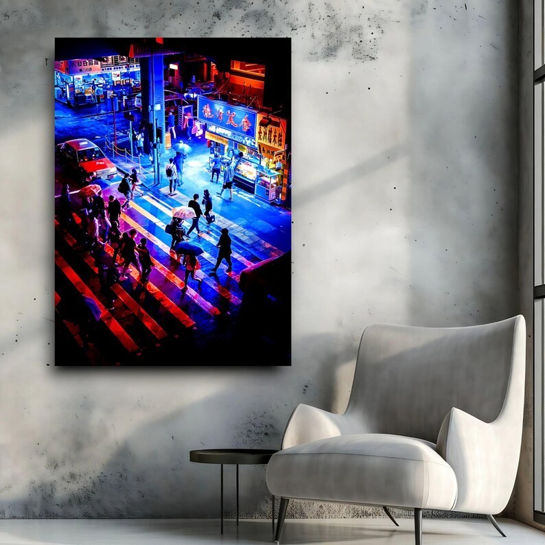 Cyberpunk Anime Girl Poster, Chinatown City Art, Acrylic Glass Wall Decor