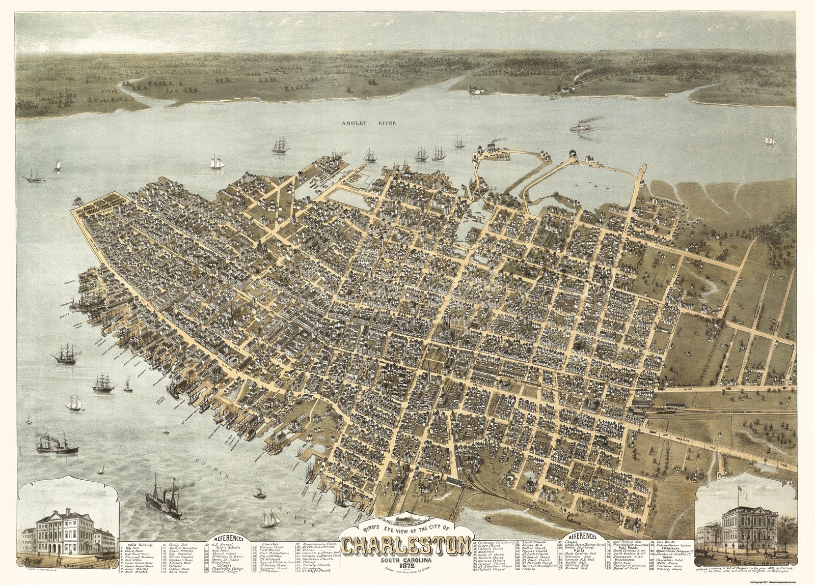 Historic Panoramic View – Charleston South Carolina – Drie 1872 – Vintage Wall