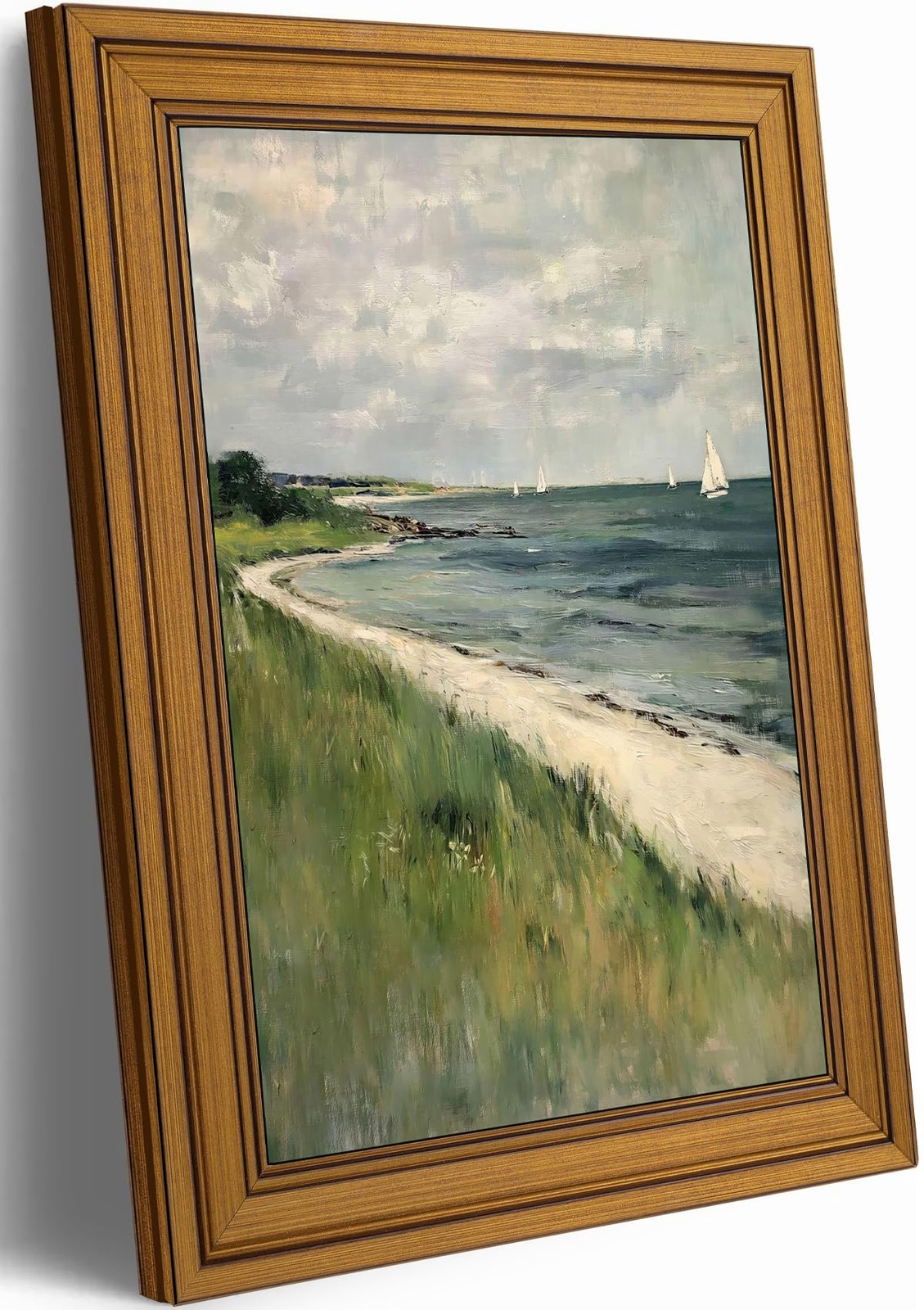 Vintage Gold Framed Coastal Landscape Canvas Wall Art, Beach Storm Clouds Pos…