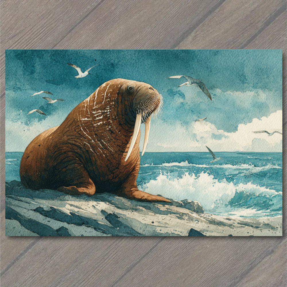 Art Print Walrus Coastal Ocean Wildlife Seabirds Waves Arctic North Shore Ice