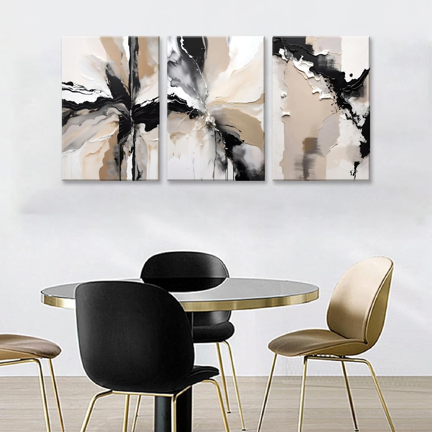 Framed Black and Brown Abstract Geometric Canvas Wall Art Modern Grey White B…