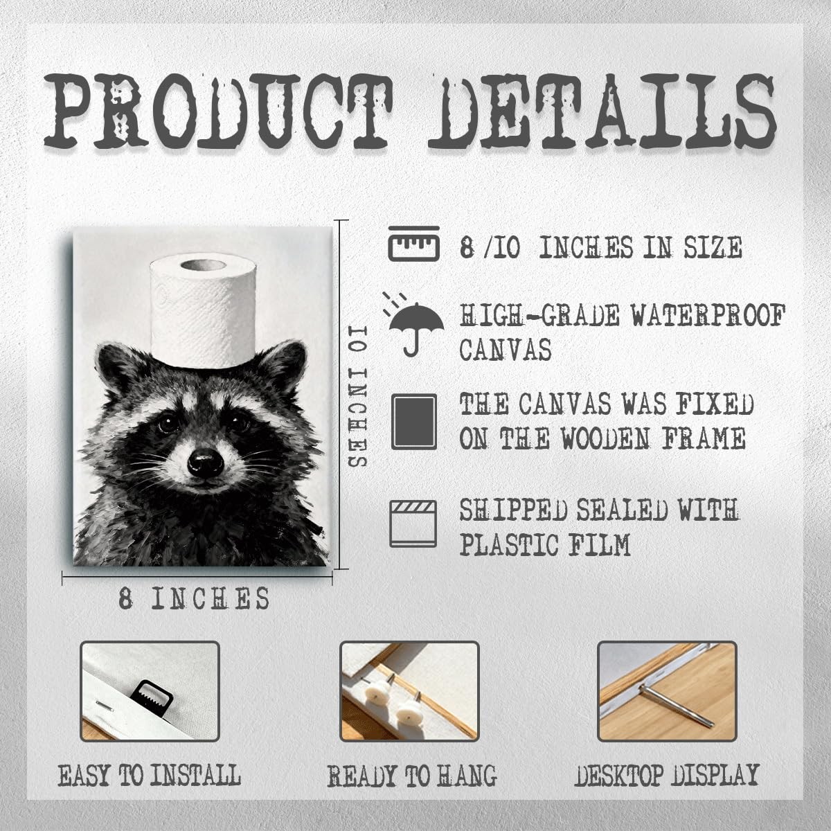 8×10 Inches Canvas Wall Art Oil Painting, Funny Raccoon with Toilet Paper Rol…
