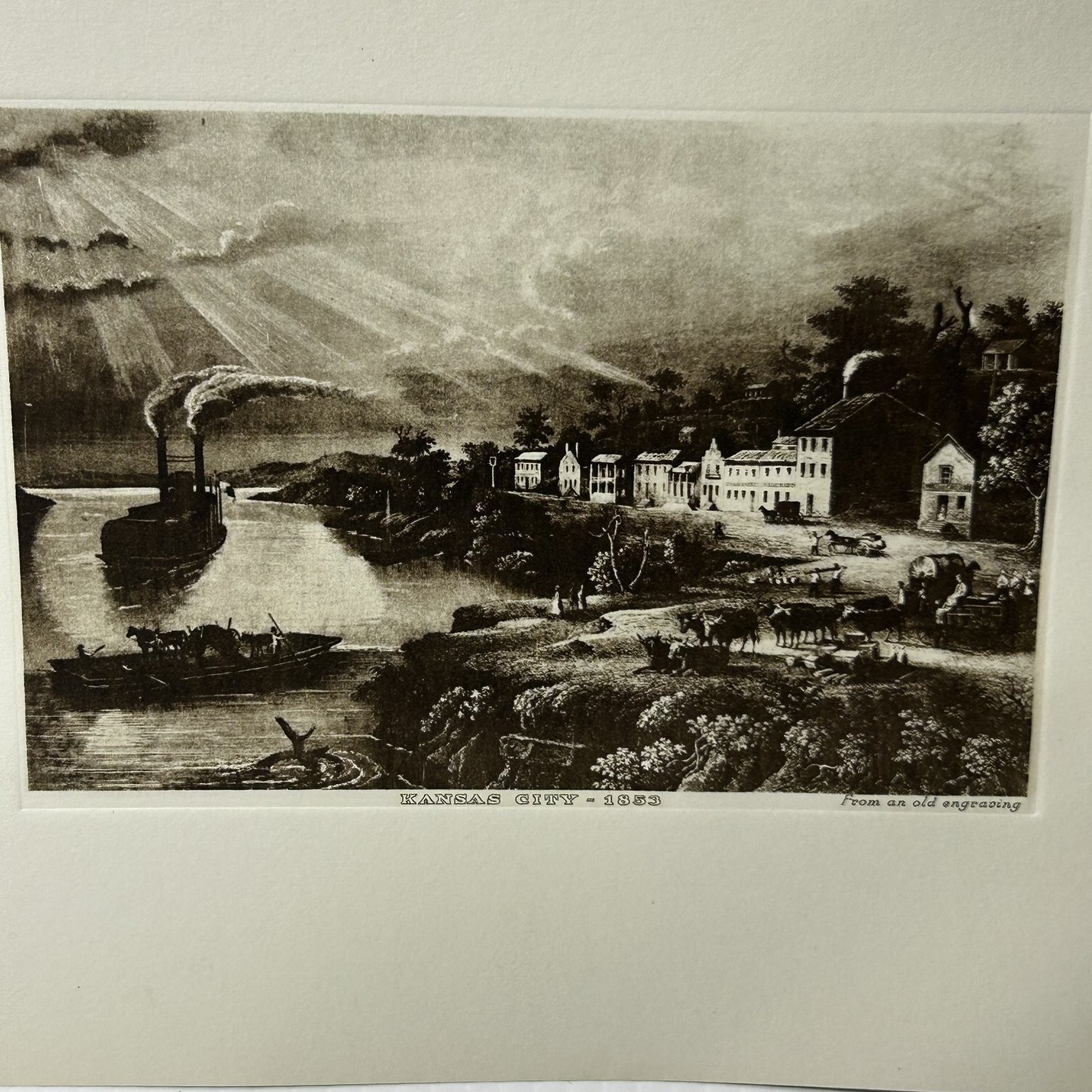 Vintage Kansas City 1853 Historical Engraving Art Print Matted