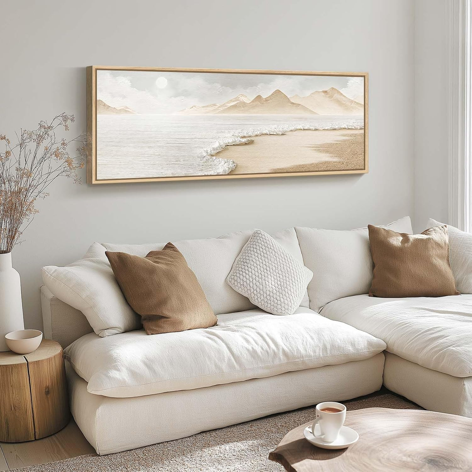 Framed Boho Coastal Beach Wall Art for Living Room, Large Neutral Ocean Canvas A