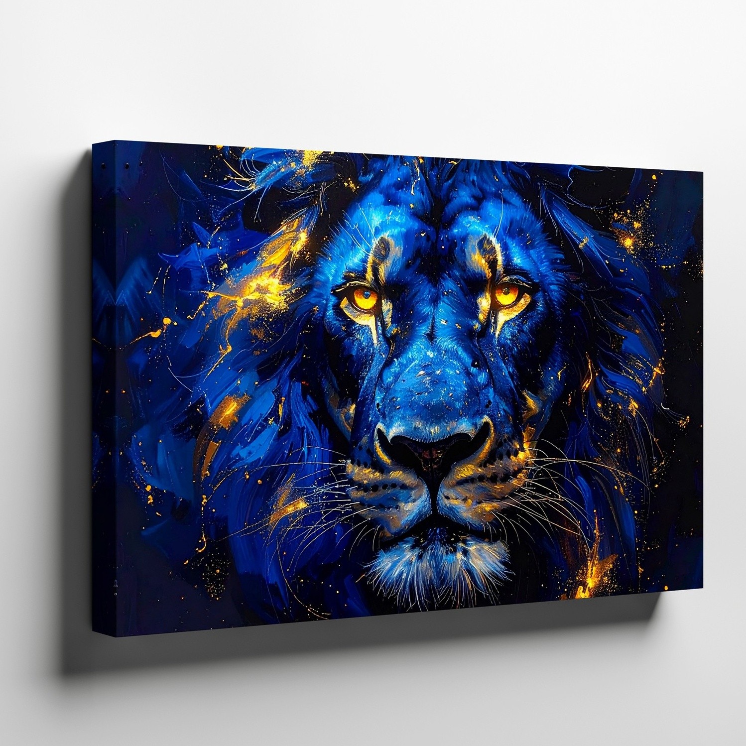 Canvas Wall Art a Glowing Blue and Gold Lion Head Emerges from a Dark Galactic