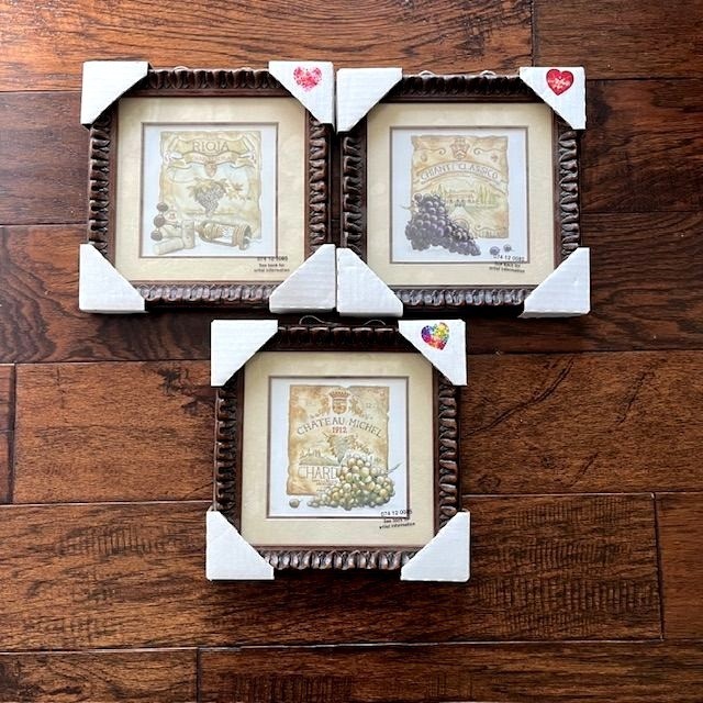 Set Of 3 Wine Themed Wall Art Framed Wine Bar Kitchen Richard Henson 2003 8.5″