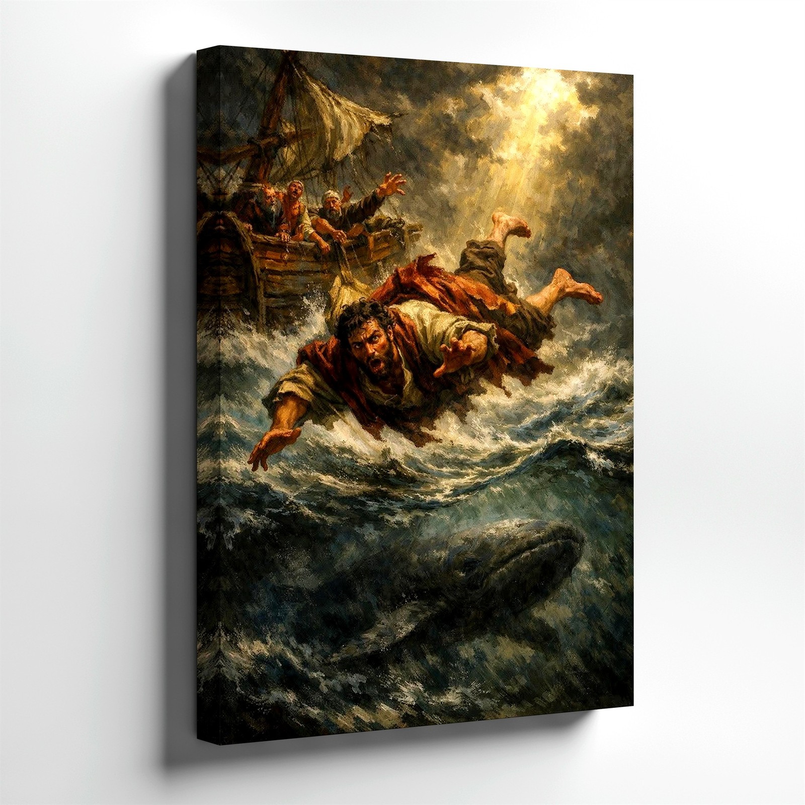 Wall Art Biblical Sea Storm Painting Man Overboard Whale Ocean Canvas Print