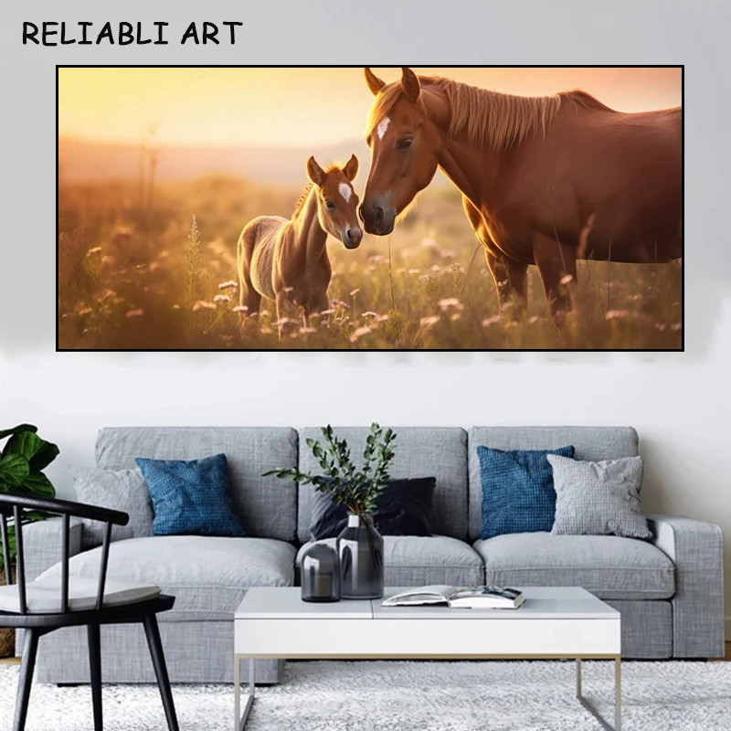 Natural Sunset Horse Animal Poster and Print Canvas Painting Wall Art Wall Mural