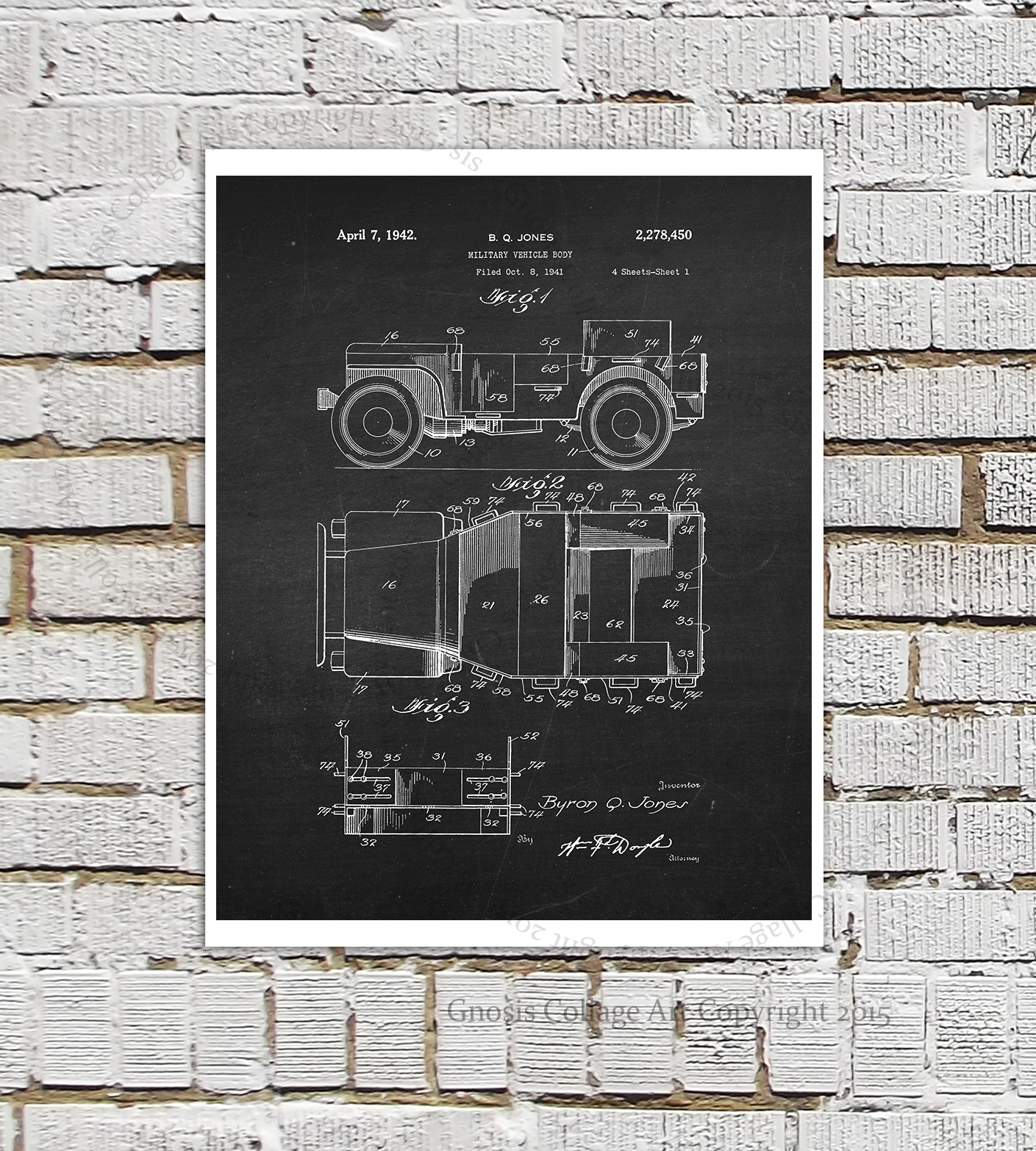 Willys Jeep Patent Art Prints set of 12 prints Black & White Automotive Wall Art