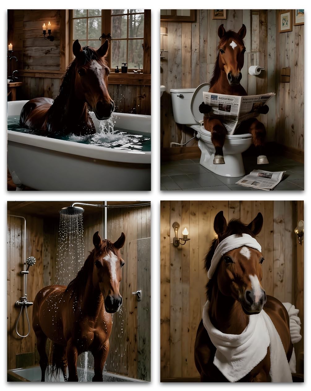 Funny Horse Bathroom Wall Art, Brown Wild Horse Canvas Wall Art,Set of 4 Quir…