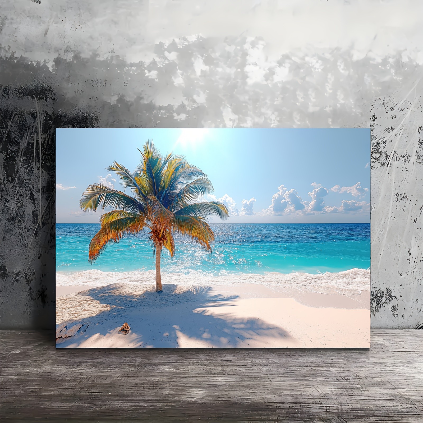 Single Palm Tree White Sand Beach Framed Canvas, Bright Tropical Coastal Wall