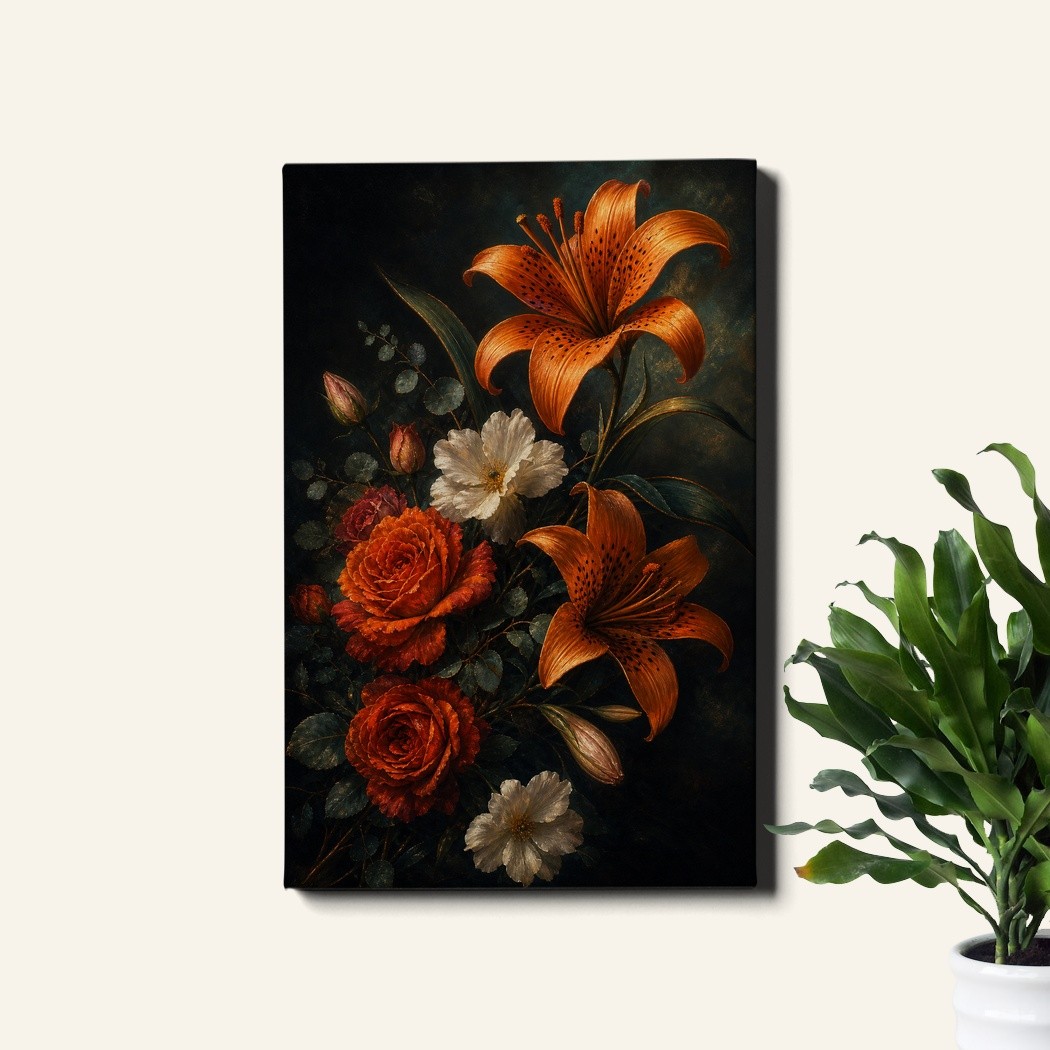 Floral Bouquet Wall Art Orange Lily Rose White Blossom Black Background