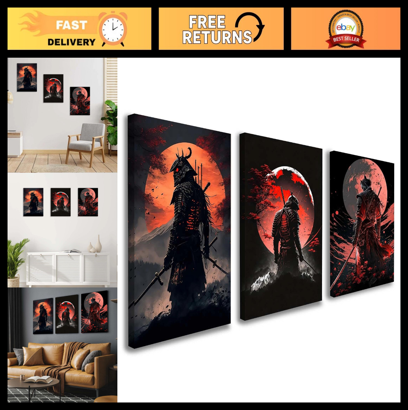 3 Piece Samurai Warrior Canvas Wall Art Set – Modern Japanese Decor for Living R