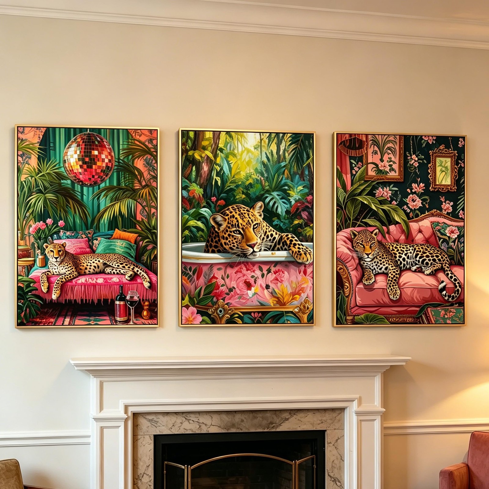 3 Pcs Maximalist Cheetah Canvas Wall Art Tropical Plants Leopard Painting Pos…