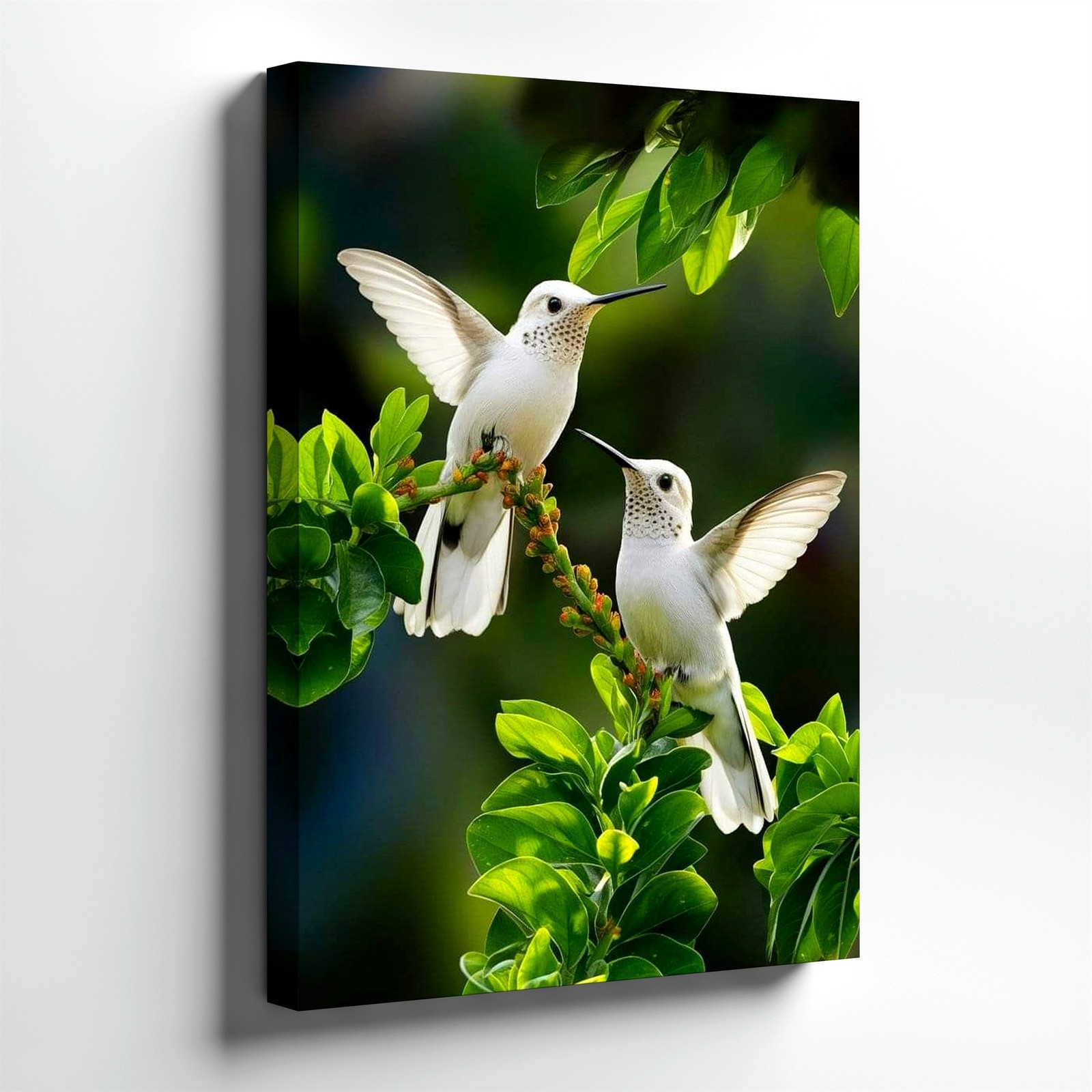 Wall Art White Hummingbird Birds on Green Branch Tropical Nature Canvas Print